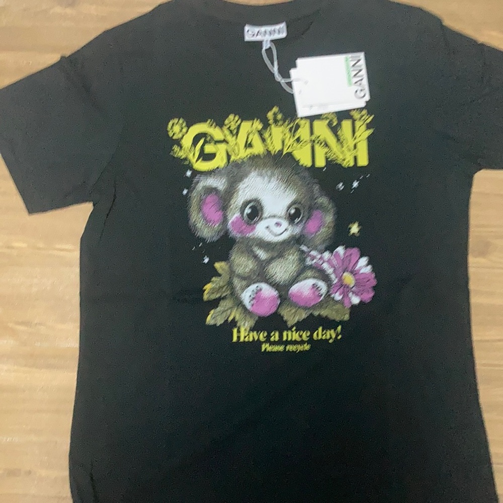 GANNI Cute Fluffy Creture Graphic Tee Black Designer Cotton T-shirt size Small